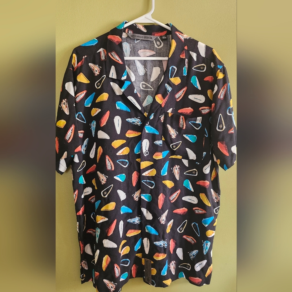 Harley Davidson Shirt Mens Large Black Fuel Tank  Slim Hawaiian Button Up‎ Rayon
